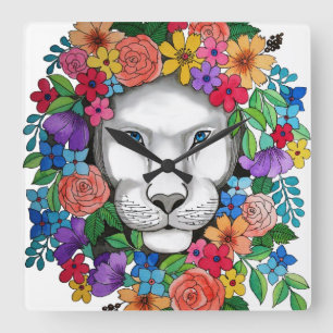 Watercolor Lion And Rainbow Flowers Square Wall Clock