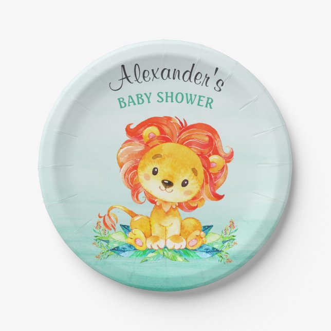 Watercolor Lion Baby Shower Paper Plate (Front)