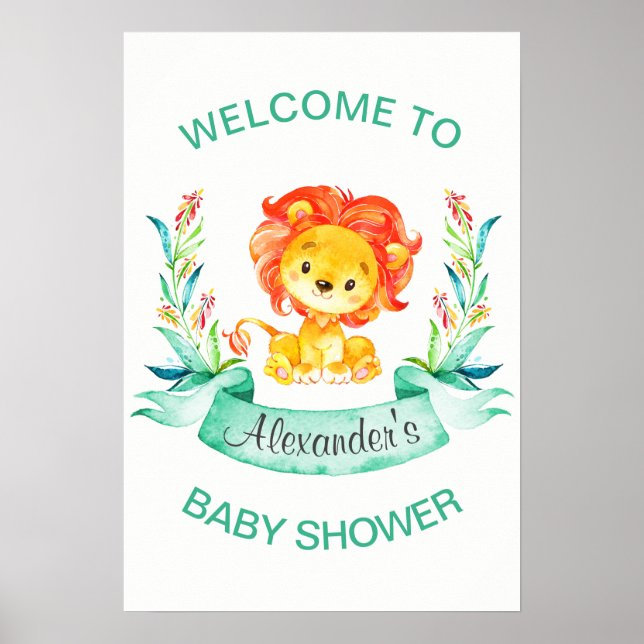 Watercolor Lion Boy Baby Shower Poster (Front)