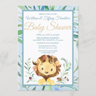 Watercolor Lion Boy's Blue Baby Shower Invitation