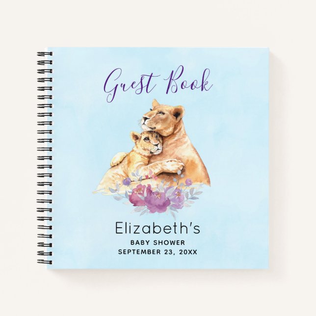 Watercolor Lion & Cub Baby Shower Guest Book (Front)
