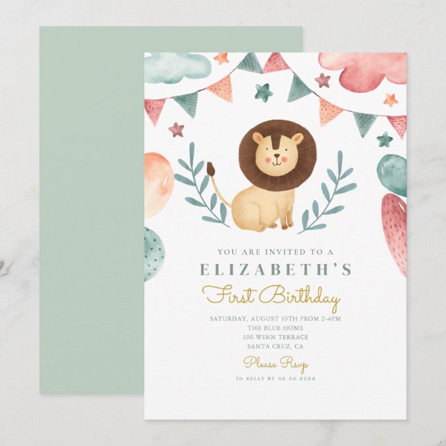 Watercolor Lion Cute  Baloons 1st Birthday Invitation (Front/Back)