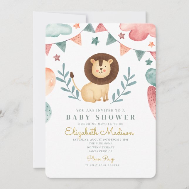 Watercolor Lion Cute Baloons Baby Shower  Invitation (Front)