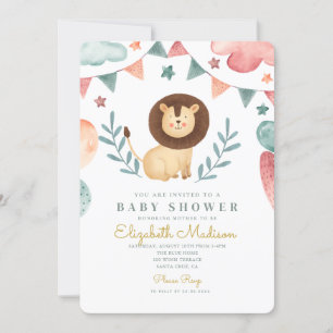 Watercolor Lion Cute Baloons Baby Shower  Invitation