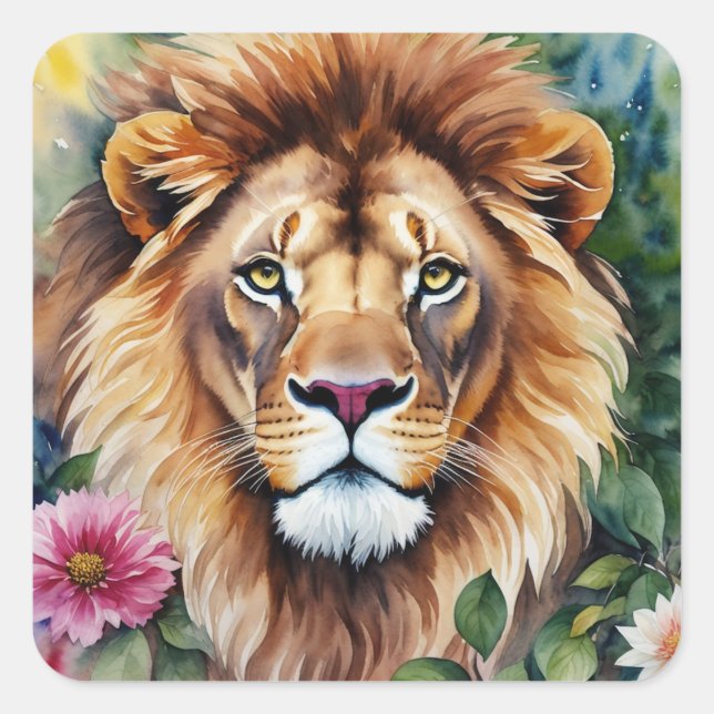 Watercolor Lion Floral Art Square Sticker (Front)