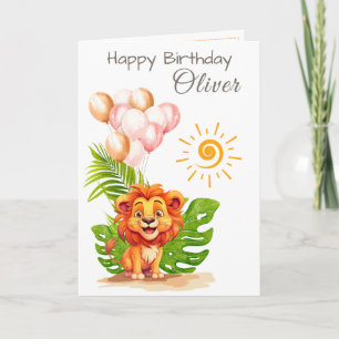 Watercolor Lion Kids Birthday Card with Name