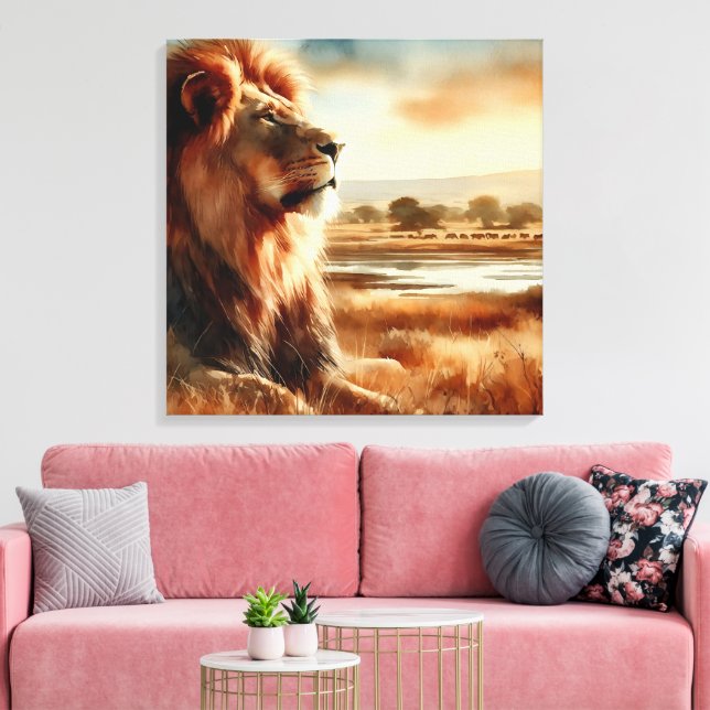 Watercolor Lion on the Savannah   Canvas Print (Insitu(LivingRoom))