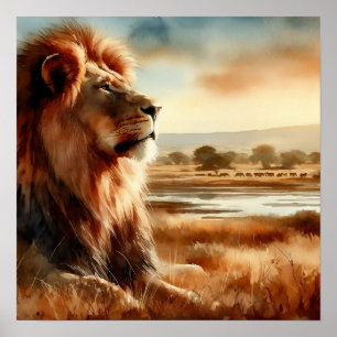 Watercolor Lion on the Savannah   Poster