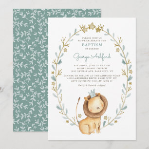 Watercolor Lion Prince Baby Boy Baptism Invitation