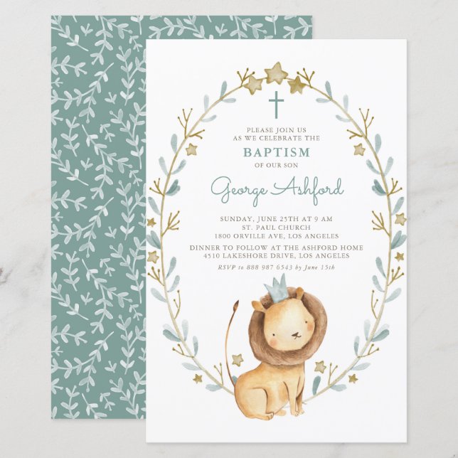 Watercolor Lion Prince Baby Boy Baptism Invitation (Front/Back)