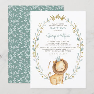 Watercolor Lion Prince Baby Boy Bautismo Invitation