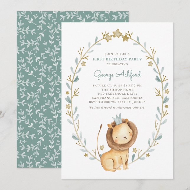 Watercolor Lion Prince First Birthday Party Invitation (Front/Back)