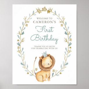 Watercolor Lion Prince First Birthday Welcome Poster