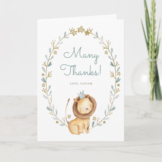 Watercolor Lion Prince Wreath Birthday Thank You Card (Front)