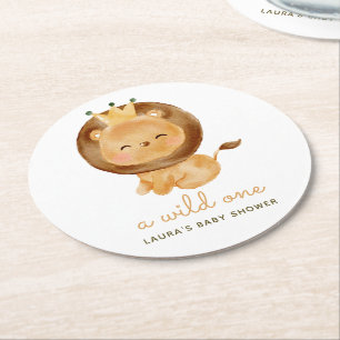 Watercolor Lion Tropical Leaves Baby Shower Round Paper Coaster