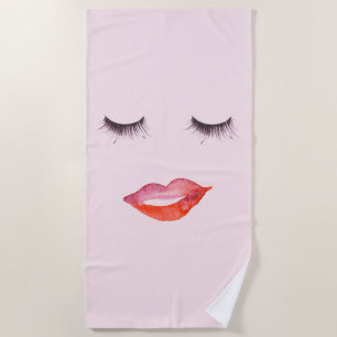 Watercolor Lips and Eyelashes Beach Towel