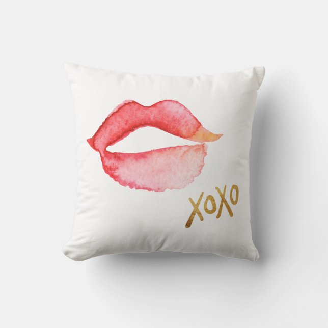 Watercolor Lips & Gold Foil XOXO Cushion (Front)