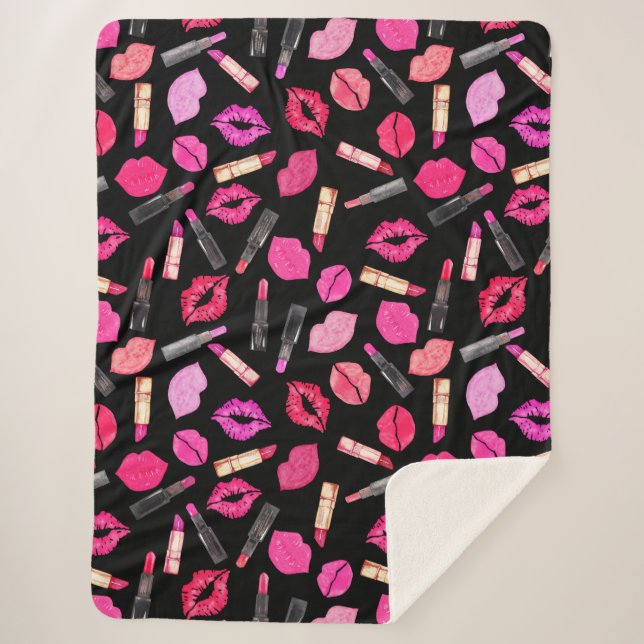 Watercolor Lipstick Pattern Makeup Artist Sherpa B Sherpa Blanket (Front)