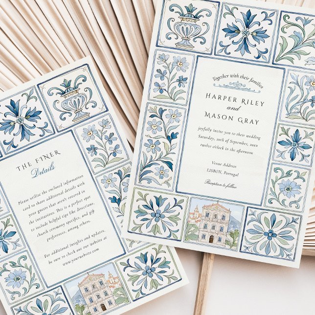 Watercolor Lisbon Hand-Painted Azulejos Wedding Invitation (Creator Uploaded)