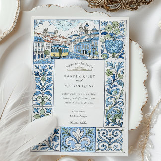 Watercolor Lisbon Hand-Painted Azulejos Wedding Invitation