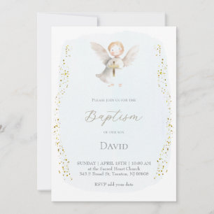 watercolor little angel Baptism baby boy Invitation