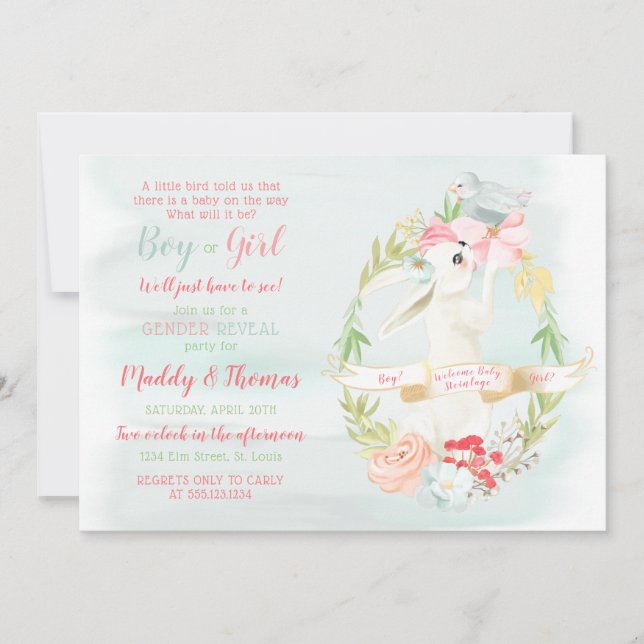 Watercolor Little Bird and Bunny Gender Reveal Invitation (Front)