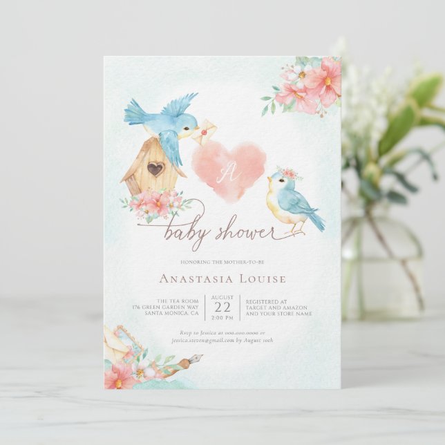 Watercolor Little Birds Girl Baby Shower Invitation (Standing Front)