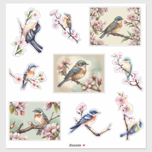 Watercolor little birds on blossom branch (Sheet)