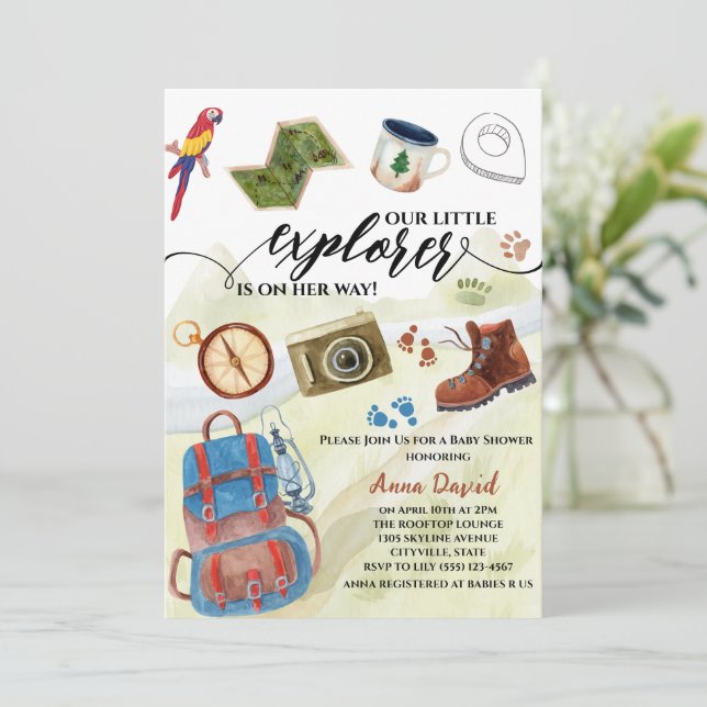  watercolor little explorer adventure baby shower invitation (Standing Front)