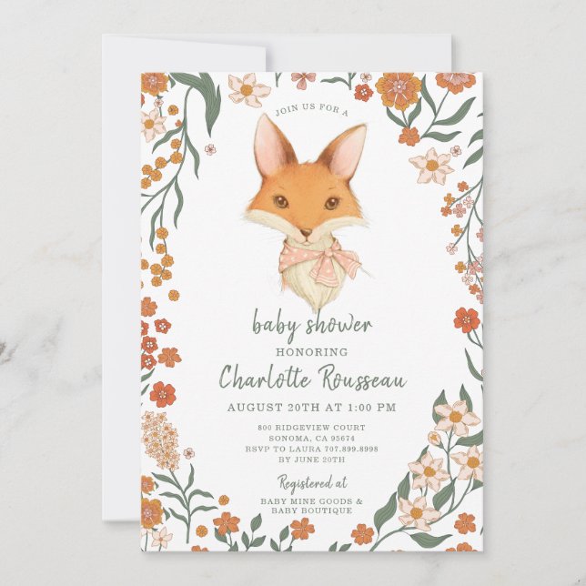 Watercolor Little Fox Floral Girl Baby Shower  Invitation (Front)