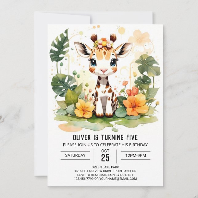 Watercolor Little Giraffe Custom Birthday Invitation (Front)