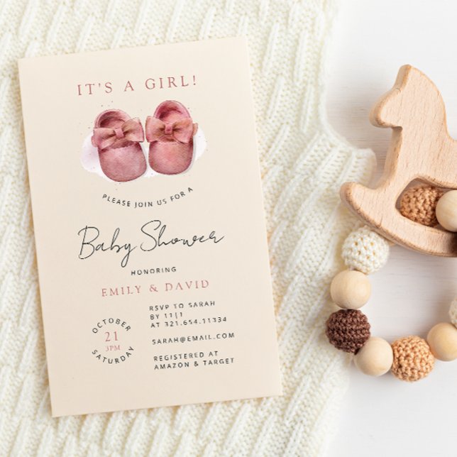 Watercolor Little Girl Pink Shoes Baby Shower Invitation (Creator Uploaded)