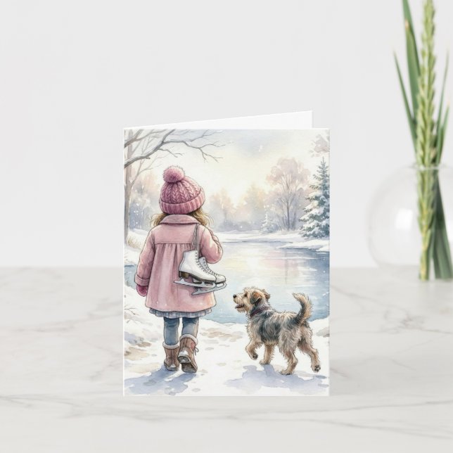 Watercolor Little Girl With Ice Skates and Dog Card (Front)