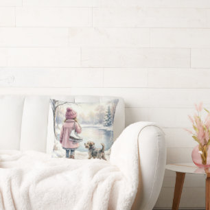 Watercolor Little Girl With Ice Skates and Dog Cushion