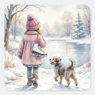 Watercolor Little Girl With Ice Skates and Dog Square Sticker