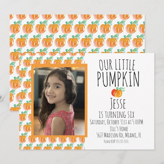 Watercolor Little Halloween Pumpkin Photo Invitation (Front/Back)