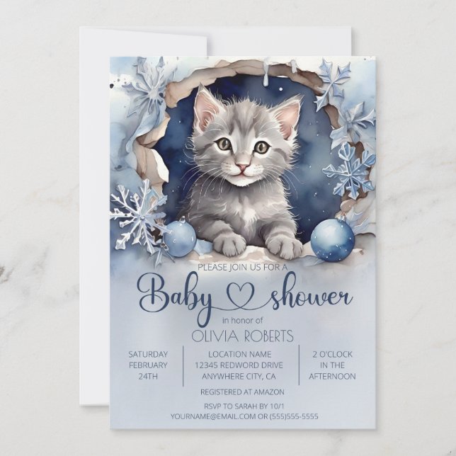 Watercolor little kitten Winter Baby Shower Invitation (Front)