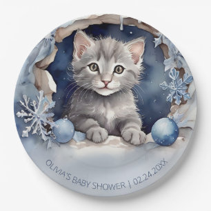 Watercolor little kitten Winter Baby Shower Paper Plate