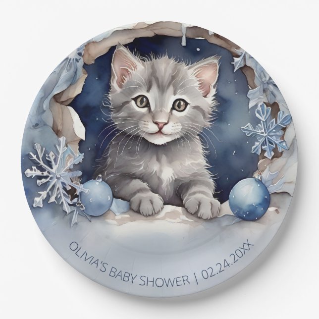 Watercolor little kitten Winter Baby Shower Paper Plate (Front)