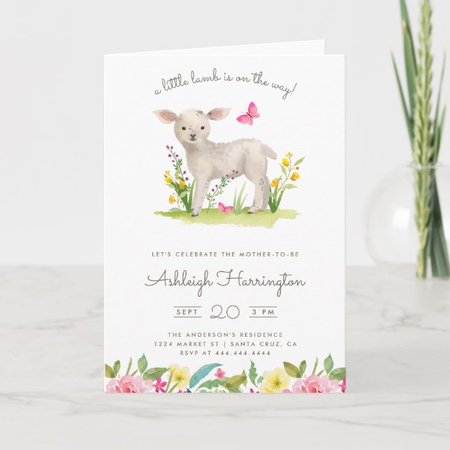 Watercolor Little Lamb Spring Meadow Baby Shower Invitation (Front)