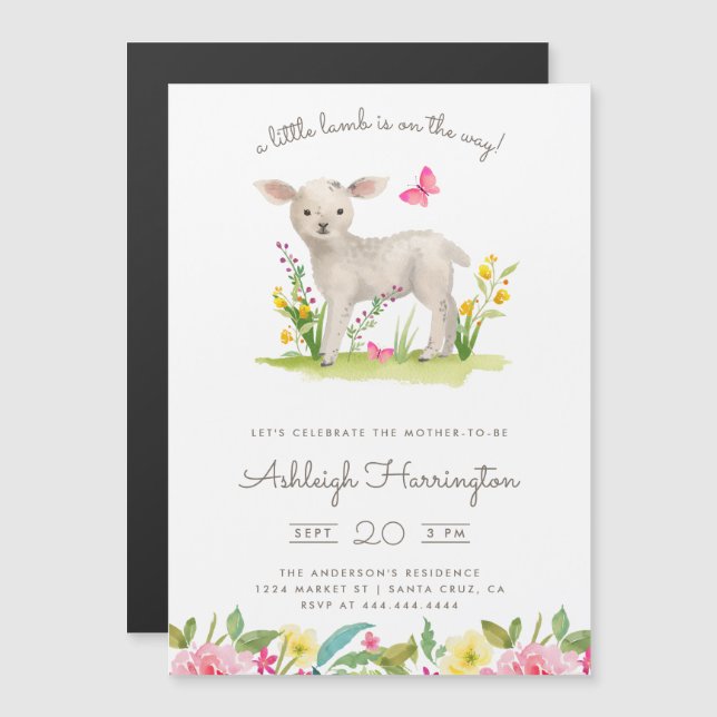 Watercolor Little Lamb Spring Meadow Baby Shower Magnetic Invitation (Front/Back)