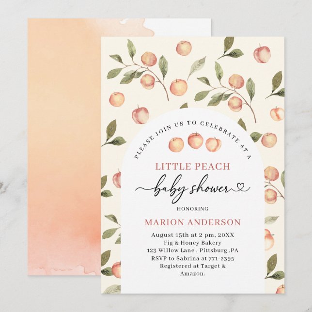 Watercolor Little Peach Baby shower  InvInvitation Invitation (Front/Back)