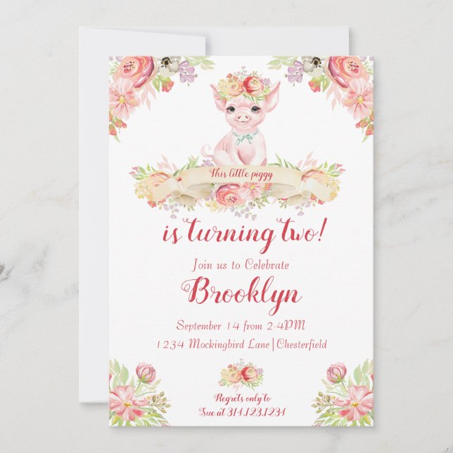 Watercolor Little Piglet Birthday Party Invitation (Front)