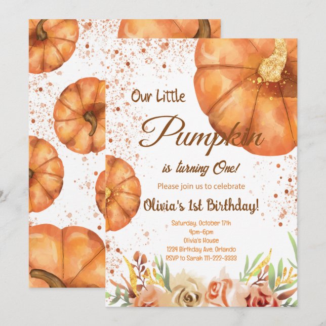 Watercolor Little Pumpkin Autumn Birthday Invite (Front/Back)