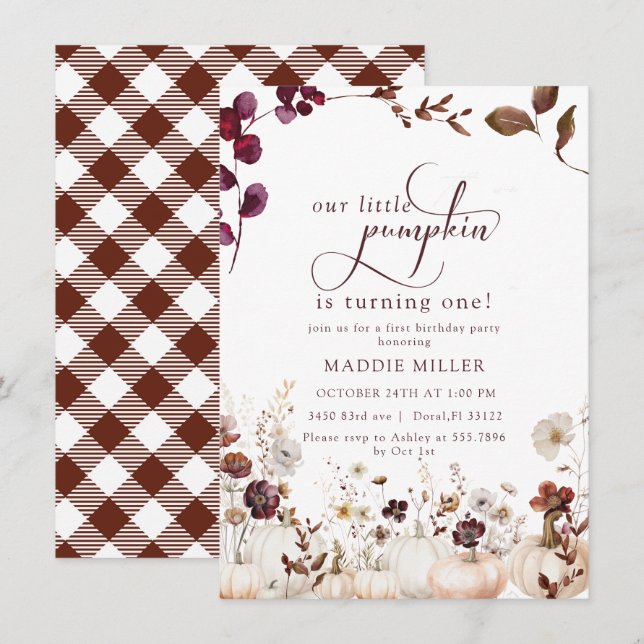 Watercolor Little Pumpkin | Floral First  Birthday Invitation (Front/Back)