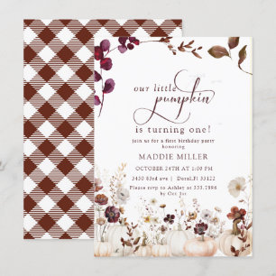 Watercolor Little Pumpkin   Floral First  Birthday Invitation