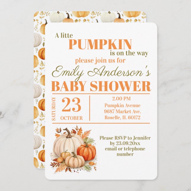 Watercolor Little Pumpkin Orange Baby Shower  Invitation (Front/Back)