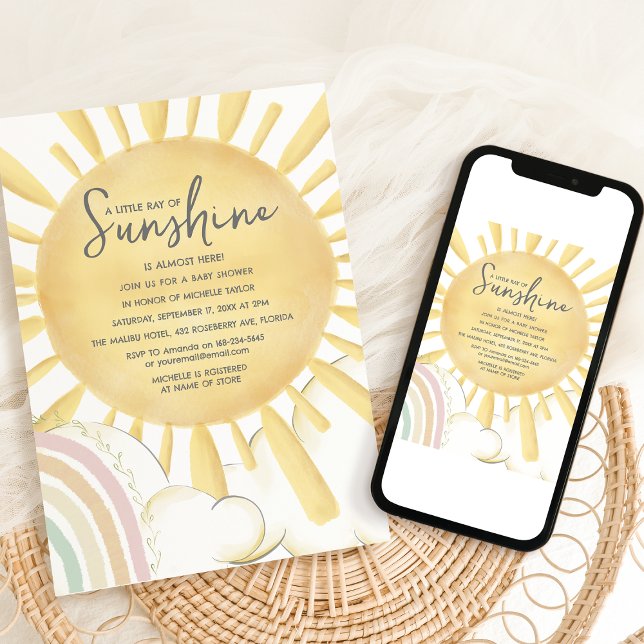 Watercolor Little Ray Of Sunshine Baby Shower Invitation (Creator Uploaded)