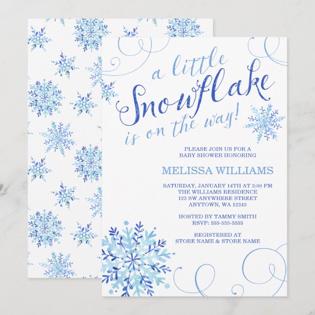 Watercolor Little Snowflake Boy Winter Baby Shower Invitation (Front/Back)