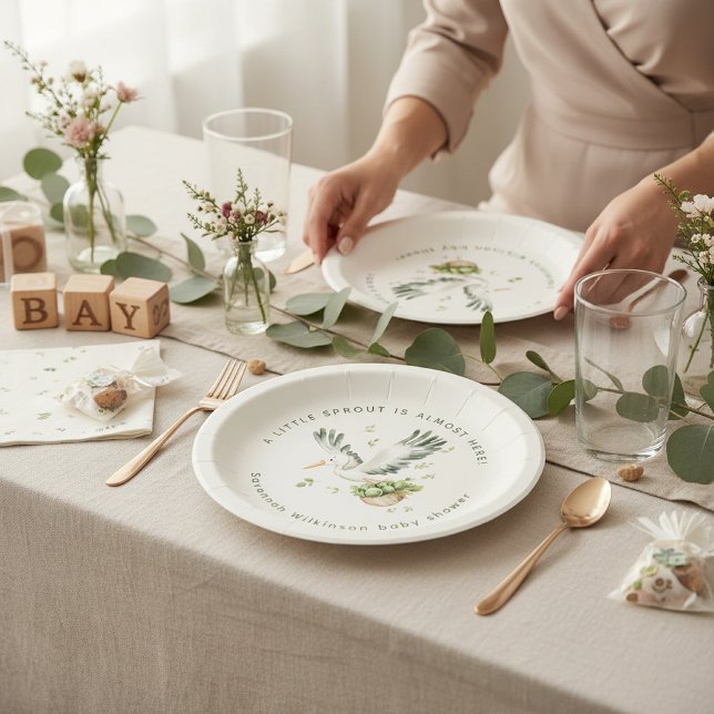 Watercolor Little Sprout stork Baby Shower Paper Plate (Creator Uploaded)